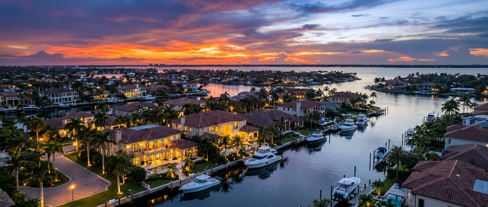 Florida waterfront community at twilight